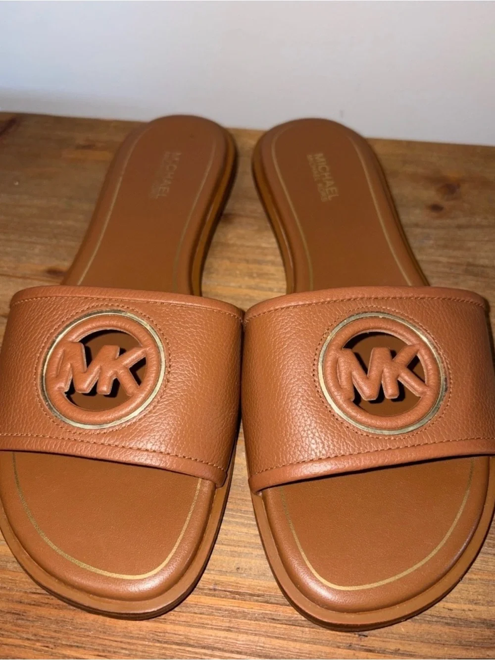 Michael Kors Cognac Brown Leather Logo Slide Sandals